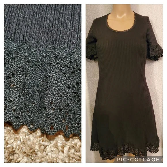 Womens Vintage Union Made Dress 70s Black knit S small macrame lace Judy Gibbs - Picture 1 of 15